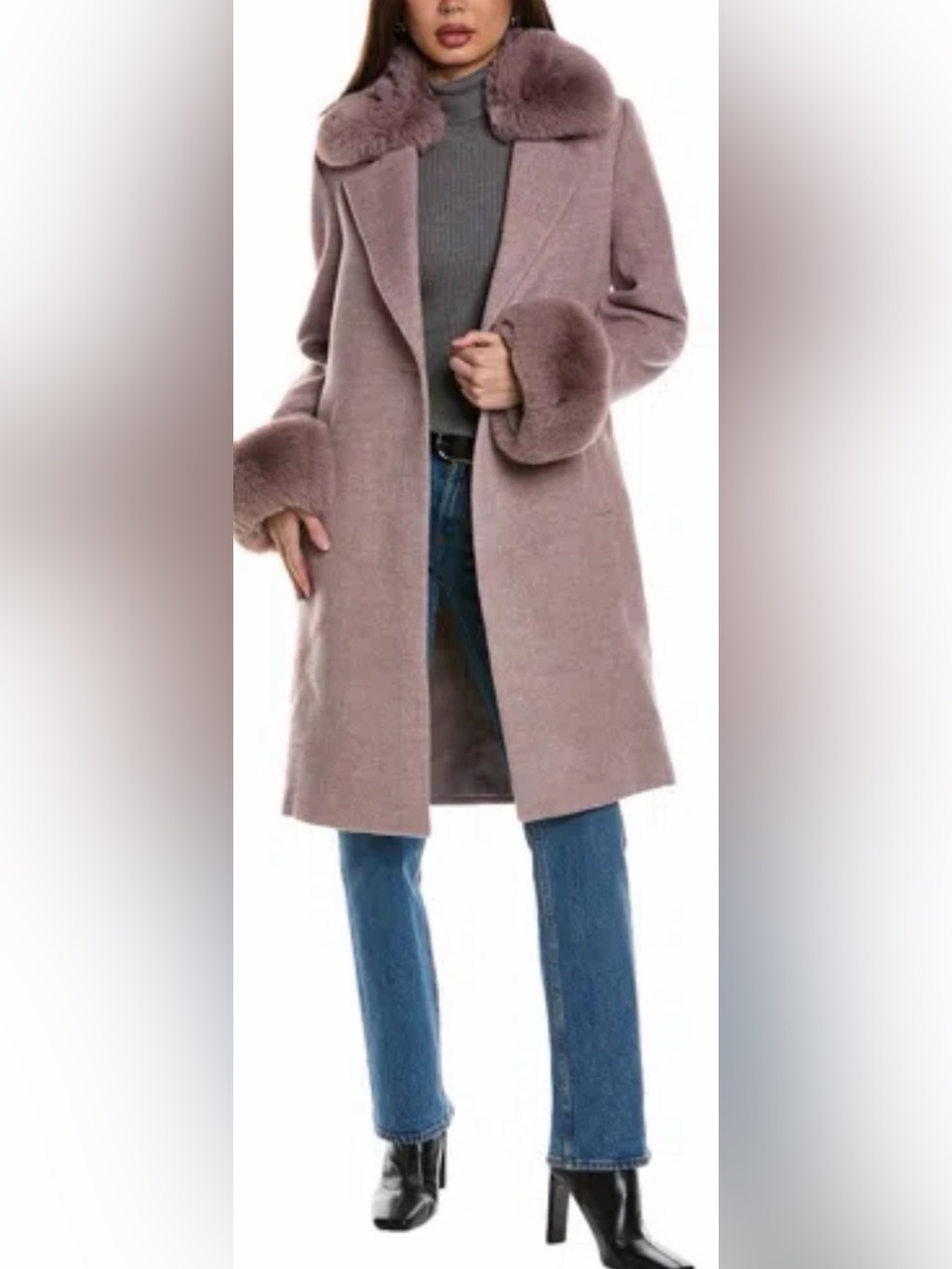 Badgley Mischka Dusty Rose Wool-Blend Coat with Faux Fur Trim NWT